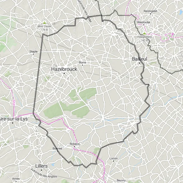 Map miniature of "Busnes and Beyond" cycling inspiration in Nord-Pas de Calais, France. Generated by Tarmacs.app cycling route planner