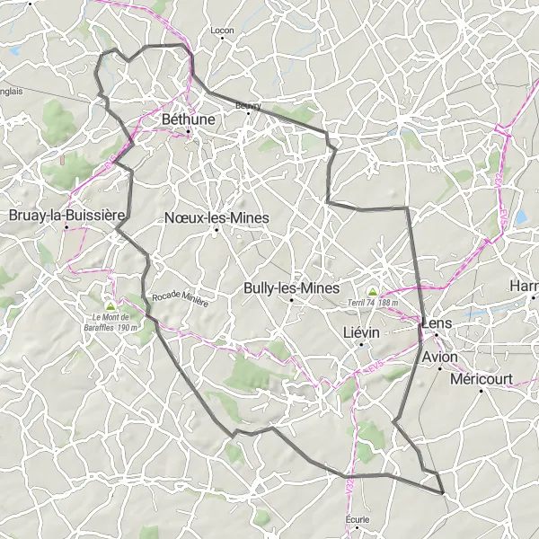 Map miniature of "The Hills and Valleys Loop" cycling inspiration in Nord-Pas de Calais, France. Generated by Tarmacs.app cycling route planner