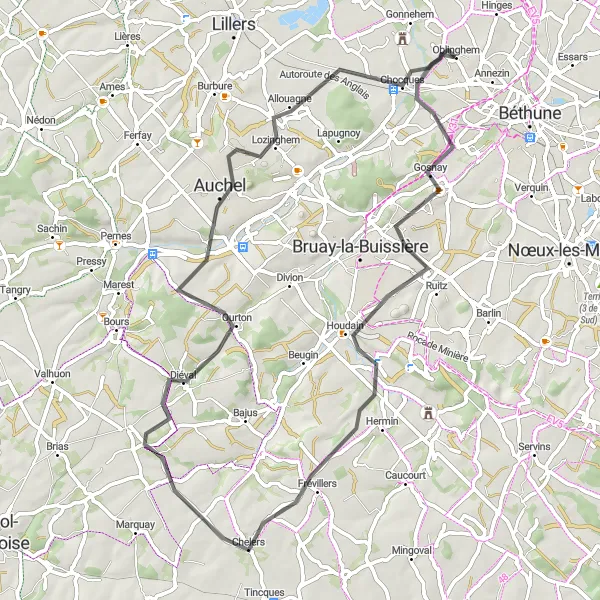 Map miniature of "Charming Road Loop from Gonnehem" cycling inspiration in Nord-Pas de Calais, France. Generated by Tarmacs.app cycling route planner