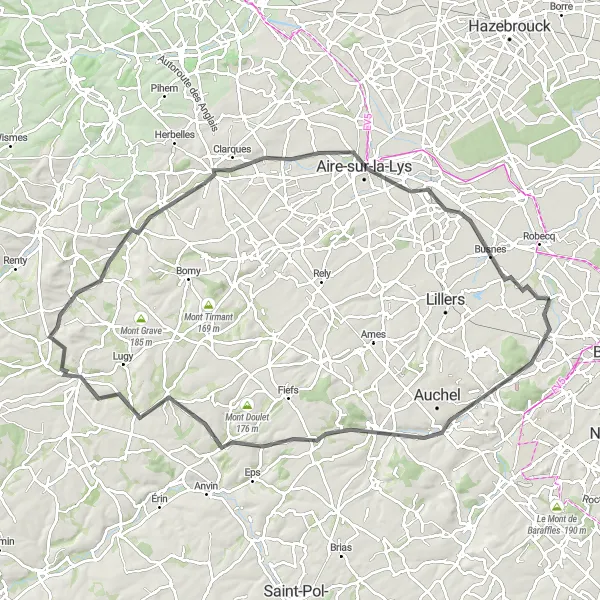 Map miniature of "Countryside Wonders of Pas-de-Calais" cycling inspiration in Nord-Pas de Calais, France. Generated by Tarmacs.app cycling route planner