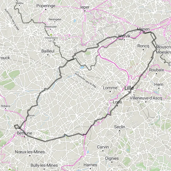 Map miniature of "A Grand Tour through Nord-Pas de Calais" cycling inspiration in Nord-Pas de Calais, France. Generated by Tarmacs.app cycling route planner