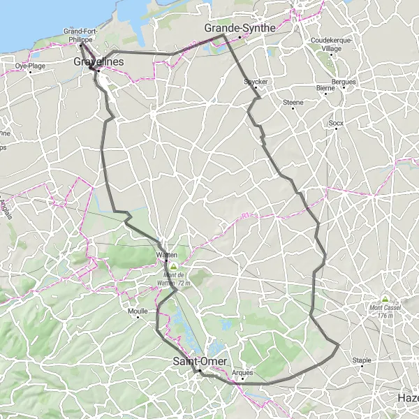 Map miniature of "Exploring Pitgam and Mont de Watten" cycling inspiration in Nord-Pas de Calais, France. Generated by Tarmacs.app cycling route planner