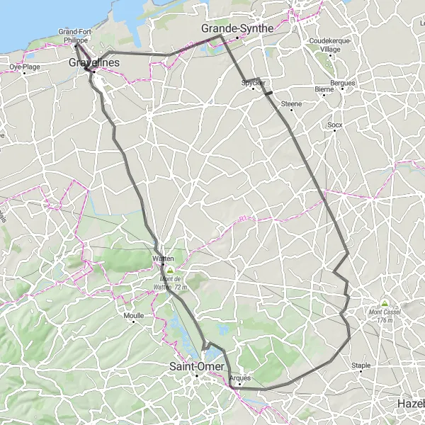 Map miniature of "Grand-Fort-Philippe to Saint-Nicolas Loop" cycling inspiration in Nord-Pas de Calais, France. Generated by Tarmacs.app cycling route planner