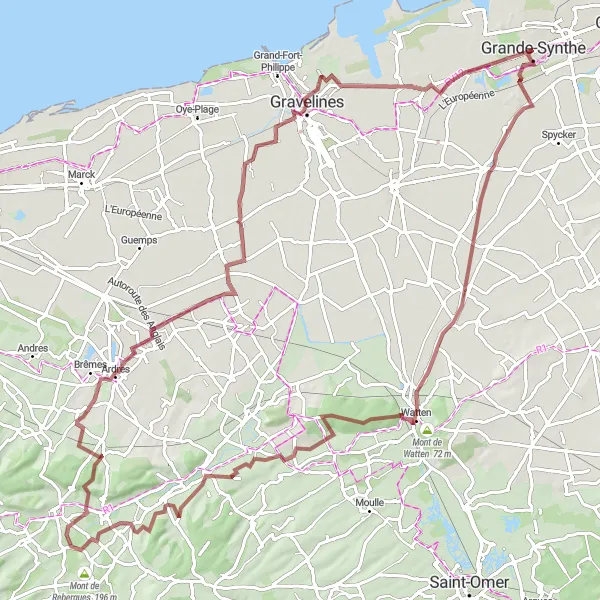 Map miniature of "Gravel Route through Grande-Synthe and Surroundings" cycling inspiration in Nord-Pas de Calais, France. Generated by Tarmacs.app cycling route planner