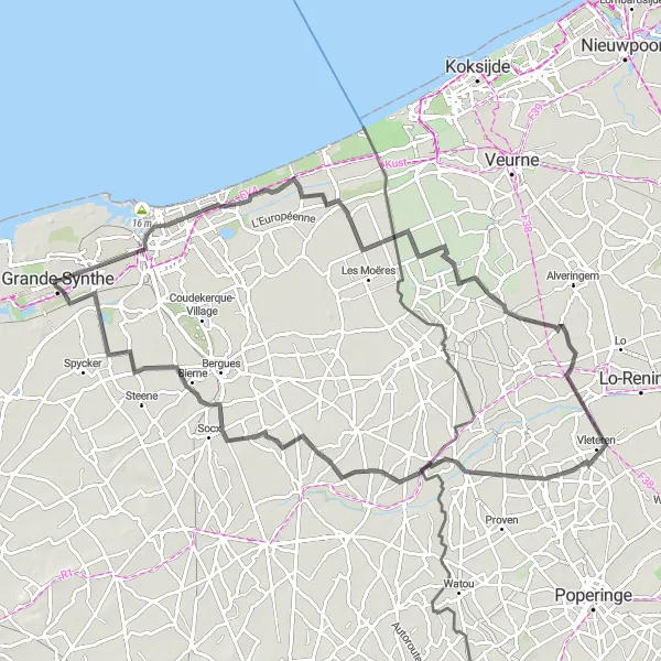 Map miniature of "Charming Road Cycling Route via Grande-Synthe" cycling inspiration in Nord-Pas de Calais, France. Generated by Tarmacs.app cycling route planner