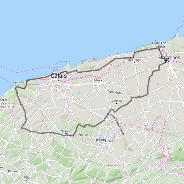 Map miniature of "Nouvelle-Église to Grand-Fort-Philippe" cycling inspiration in Nord-Pas de Calais, France. Generated by Tarmacs.app cycling route planner