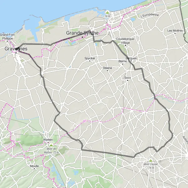 Map miniature of "The Bergues Loop" cycling inspiration in Nord-Pas de Calais, France. Generated by Tarmacs.app cycling route planner