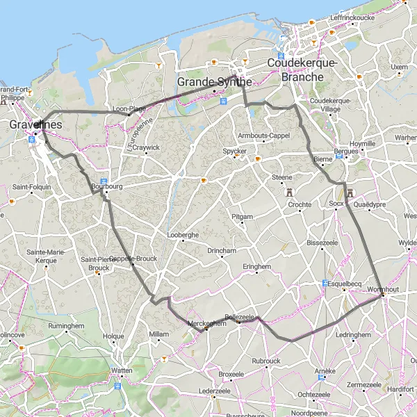 Map miniature of "Grande-Synthe to Gravelines" cycling inspiration in Nord-Pas de Calais, France. Generated by Tarmacs.app cycling route planner