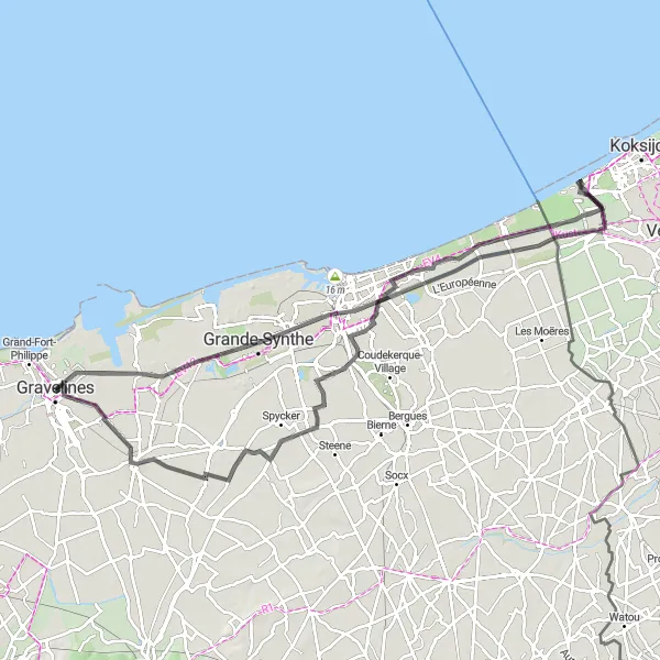 Map miniature of "The Coastal Circuit" cycling inspiration in Nord-Pas de Calais, France. Generated by Tarmacs.app cycling route planner