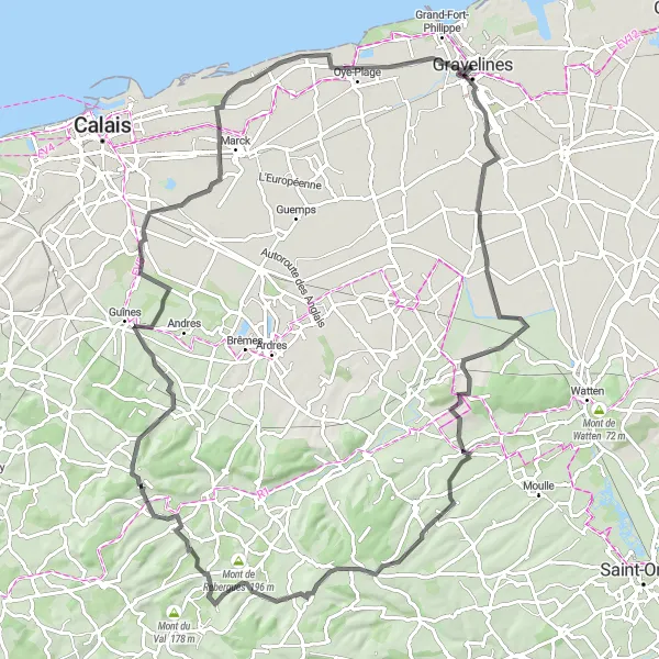 Map miniature of "Sainte-Marie-Kerque to Oye-Plage" cycling inspiration in Nord-Pas de Calais, France. Generated by Tarmacs.app cycling route planner