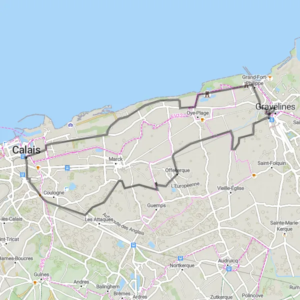 Map miniature of "The Offekerque Circuit" cycling inspiration in Nord-Pas de Calais, France. Generated by Tarmacs.app cycling route planner