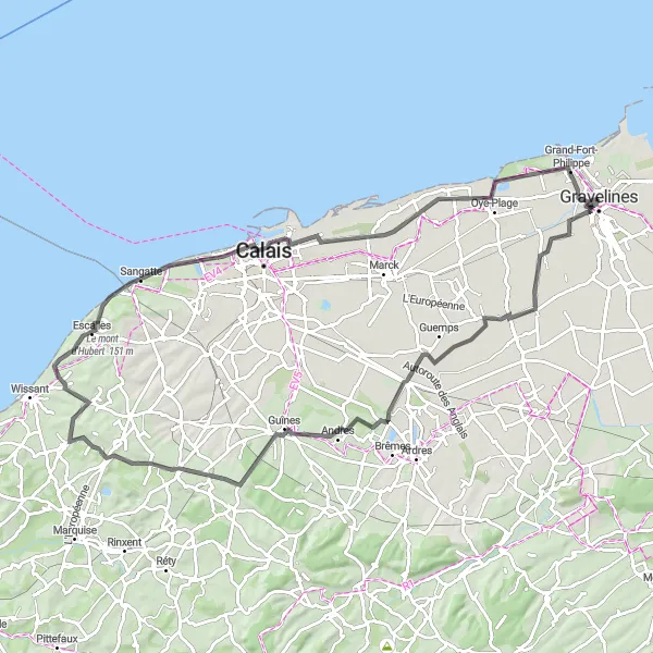 Map miniature of "The Balinghem Challenge" cycling inspiration in Nord-Pas de Calais, France. Generated by Tarmacs.app cycling route planner