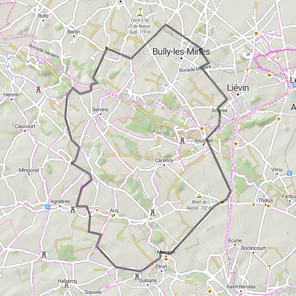 Miniature de la carte de l'inspiration cycliste "Parcours des Monts de Givenchy" dans la Nord-Pas de Calais, France. Générée par le planificateur d'itinéraire cycliste Tarmacs.app
