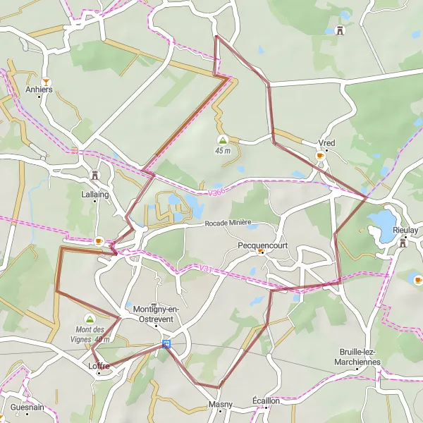 Miniature de la carte de l'inspiration cycliste "Boucle du Mont des Vignes" dans la Nord-Pas de Calais, France. Générée par le planificateur d'itinéraire cycliste Tarmacs.app