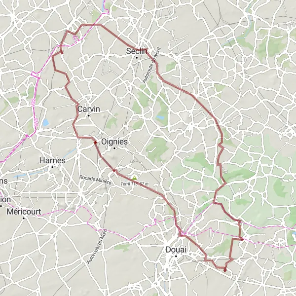 Miniature de la carte de l'inspiration cycliste "Parcours de gravel à Auby et Seclin" dans la Nord-Pas de Calais, France. Générée par le planificateur d'itinéraire cycliste Tarmacs.app
