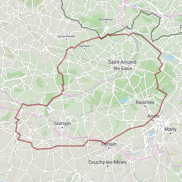 Miniature de la carte de l'inspiration cycliste "Tour sur chemin de gravier autour de Guesnain" dans la Nord-Pas de Calais, France. Générée par le planificateur d'itinéraire cycliste Tarmacs.app