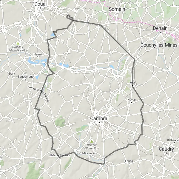Miniature de la carte de l'inspiration cycliste "La Boucle des Châteaux du Nord" dans la Nord-Pas de Calais, France. Générée par le planificateur d'itinéraire cycliste Tarmacs.app