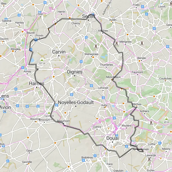 Miniature de la carte de l'inspiration cycliste "Tour des Terrils et Villages" dans la Nord-Pas de Calais, France. Générée par le planificateur d'itinéraire cycliste Tarmacs.app