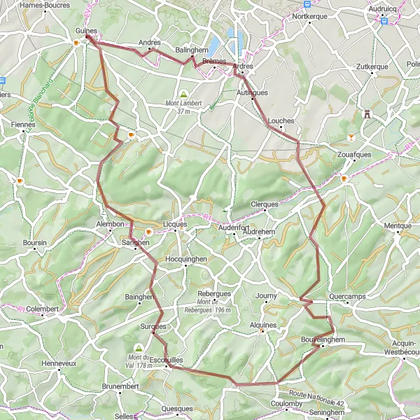 Miniature de la carte de l'inspiration cycliste "Les Collines et Vallées de la Côte d'Opale" dans la Nord-Pas de Calais, France. Générée par le planificateur d'itinéraire cycliste Tarmacs.app