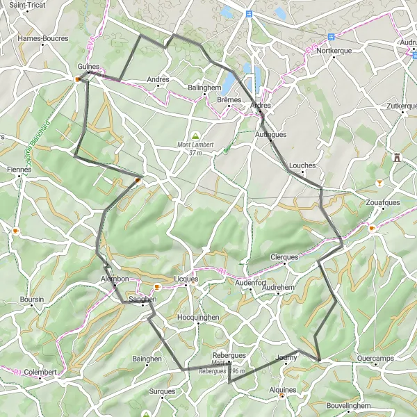 Miniature de la carte de l'inspiration cycliste "Les Chemins du Calaisis" dans la Nord-Pas de Calais, France. Générée par le planificateur d'itinéraire cycliste Tarmacs.app