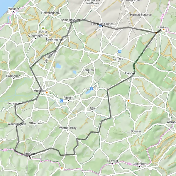 Miniature de la carte de l'inspiration cycliste "Les Champs et les Forêts de l'Arrière-Pays" dans la Nord-Pas de Calais, France. Générée par le planificateur d'itinéraire cycliste Tarmacs.app