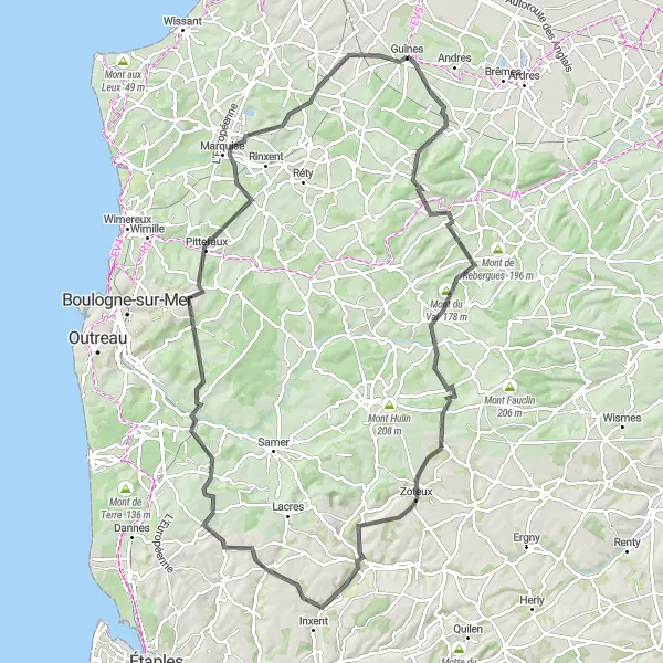 Miniature de la carte de l'inspiration cycliste "Les Hauteurs de la Côte d'Opale" dans la Nord-Pas de Calais, France. Générée par le planificateur d'itinéraire cycliste Tarmacs.app