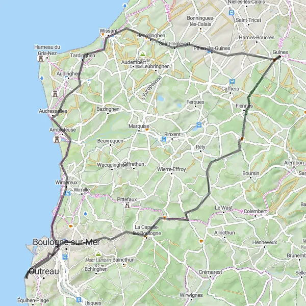 Miniature de la carte de l'inspiration cycliste "Les Collines du Boulonnais" dans la Nord-Pas de Calais, France. Générée par le planificateur d'itinéraire cycliste Tarmacs.app