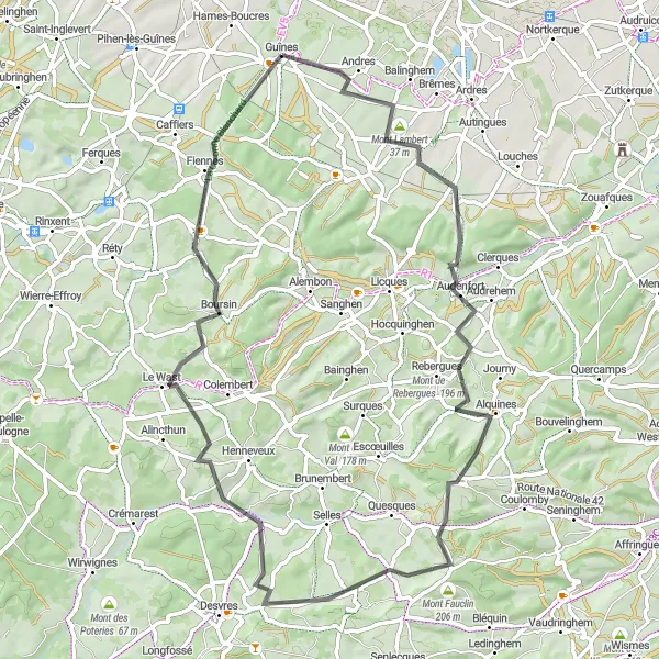 Miniature de la carte de l'inspiration cycliste "Le Circuit des Montagnes et Collines" dans la Nord-Pas de Calais, France. Générée par le planificateur d'itinéraire cycliste Tarmacs.app