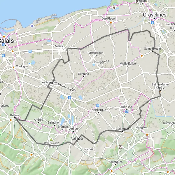 Miniature de la carte de l'inspiration cycliste "La Route des Châteaux et des Vestiges" dans la Nord-Pas de Calais, France. Générée par le planificateur d'itinéraire cycliste Tarmacs.app