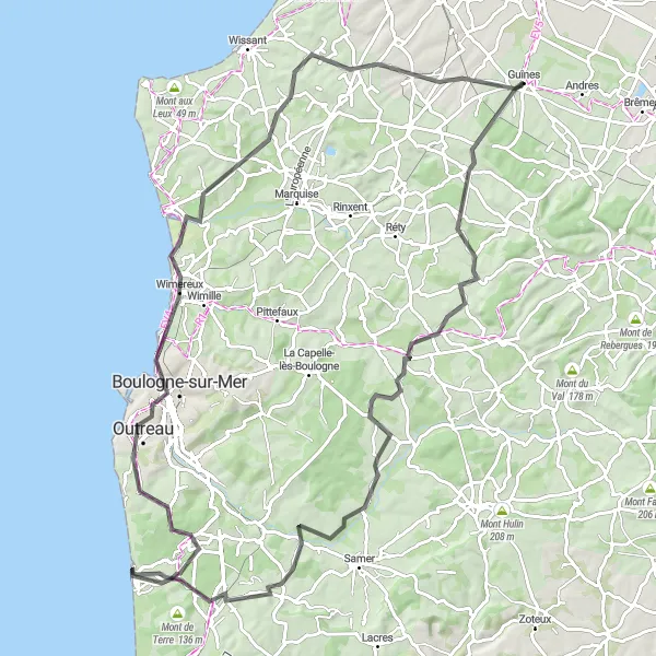 Miniature de la carte de l'inspiration cycliste "Les Montagnes du Nord" dans la Nord-Pas de Calais, France. Générée par le planificateur d'itinéraire cycliste Tarmacs.app