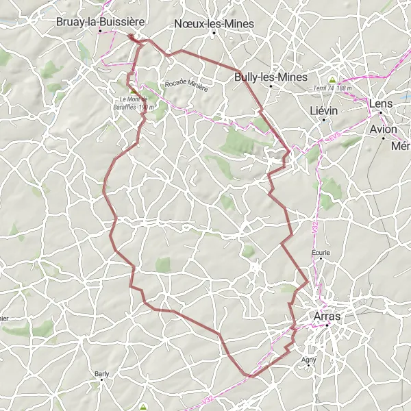 Miniature de la carte de l'inspiration cycliste "Boucle des Coteaux" dans la Nord-Pas de Calais, France. Générée par le planificateur d'itinéraire cycliste Tarmacs.app