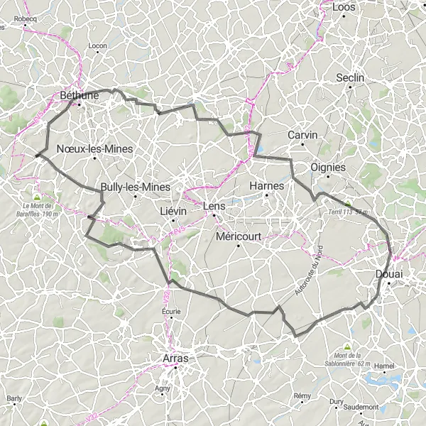 Miniature de la carte de l'inspiration cycliste "Routes cyclables sinueuses au départ de Haillicourt" dans la Nord-Pas de Calais, France. Générée par le planificateur d'itinéraire cycliste Tarmacs.app