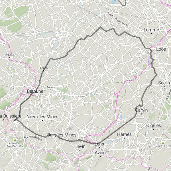 Miniature de la carte de l'inspiration cycliste "Chemins de vélo routier à proximité de Haillicourt" dans la Nord-Pas de Calais, France. Générée par le planificateur d'itinéraire cycliste Tarmacs.app
