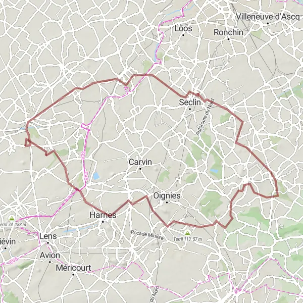 Map miniature of "Douvrin Gravel Exploration" cycling inspiration in Nord-Pas de Calais, France. Generated by Tarmacs.app cycling route planner
