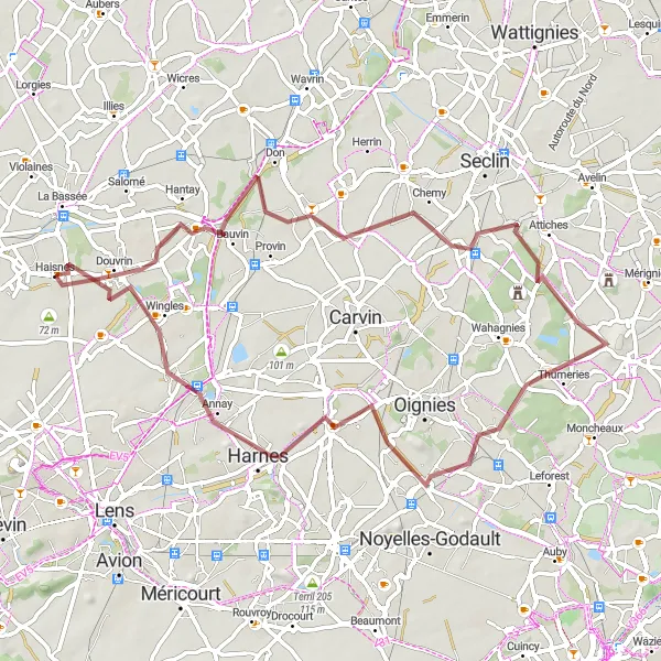 Map miniature of "Billy-Berclau and Ostricourt Gravel Loop" cycling inspiration in Nord-Pas de Calais, France. Generated by Tarmacs.app cycling route planner