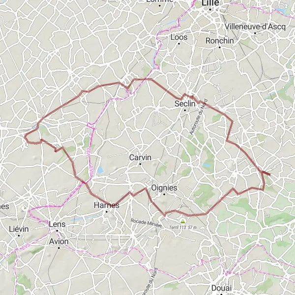 Map miniature of "Gravel Trails of Pas-de-Calais" cycling inspiration in Nord-Pas de Calais, France. Generated by Tarmacs.app cycling route planner