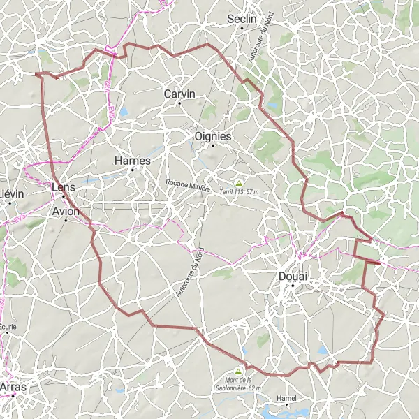 Miniature de la carte de l'inspiration cycliste "Parcours à Vélo Gravel Haisnes - Mont Privé" dans la Nord-Pas de Calais, France. Générée par le planificateur d'itinéraire cycliste Tarmacs.app