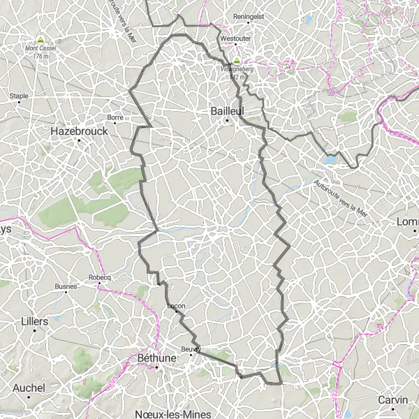 Miniature de la carte de l'inspiration cycliste "Tour des Monts de Flandre" dans la Nord-Pas de Calais, France. Générée par le planificateur d'itinéraire cycliste Tarmacs.app