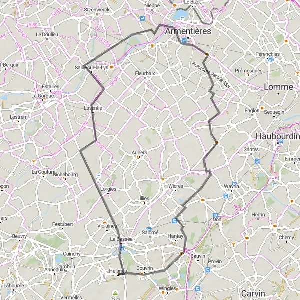 Miniature de la carte de l'inspiration cycliste "Circuit des Vallées de la Lys et de la Deûle" dans la Nord-Pas de Calais, France. Générée par le planificateur d'itinéraire cycliste Tarmacs.app