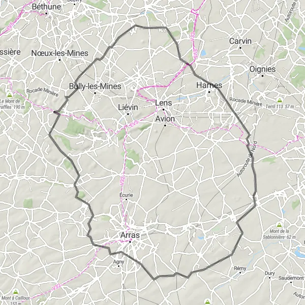 Miniature de la carte de l'inspiration cycliste "Tour Harnes-Auchy-les-Mines" dans la Nord-Pas de Calais, France. Générée par le planificateur d'itinéraire cycliste Tarmacs.app