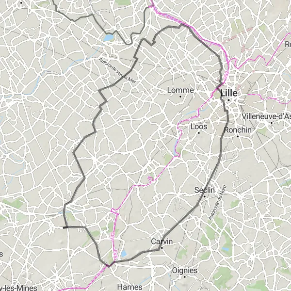 Miniature de la carte de l'inspiration cycliste "Circuit Aubers-Seclin" dans la Nord-Pas de Calais, France. Générée par le planificateur d'itinéraire cycliste Tarmacs.app