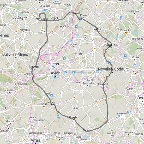 Miniature de la carte de l'inspiration cycliste "Parcours à Vélo Route Haisnes - Auchy-les-Mines" dans la Nord-Pas de Calais, France. Générée par le planificateur d'itinéraire cycliste Tarmacs.app