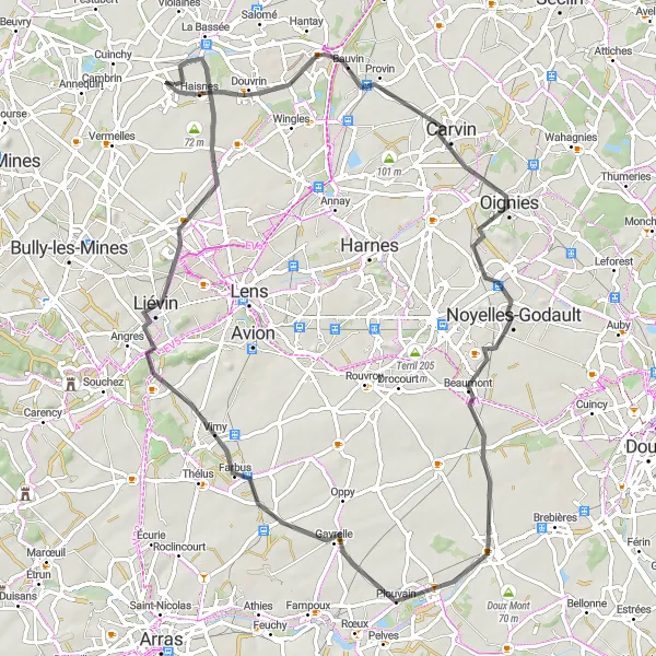 Map miniature of "The Artois Adventure" cycling inspiration in Nord-Pas de Calais, France. Generated by Tarmacs.app cycling route planner