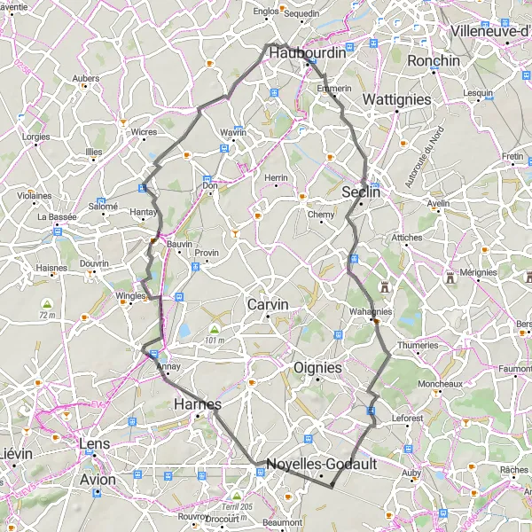 Map miniature of "Nature and History in the Hills of Nord-Pas de Calais" cycling inspiration in Nord-Pas de Calais, France. Generated by Tarmacs.app cycling route planner