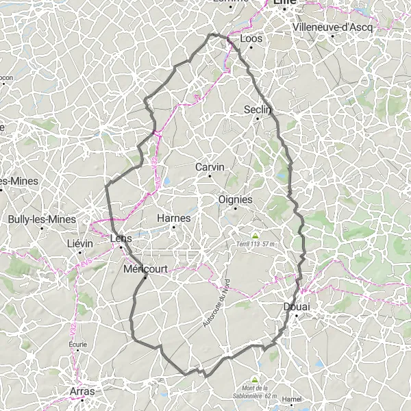 Map miniature of "Moncheaux Castle and Douai Belfry Loop" cycling inspiration in Nord-Pas de Calais, France. Generated by Tarmacs.app cycling route planner