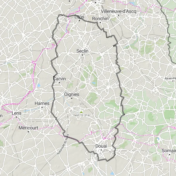 Map miniature of "Hénin-Beaumont Exploration with Esquerchin Challenge" cycling inspiration in Nord-Pas de Calais, France. Generated by Tarmacs.app cycling route planner