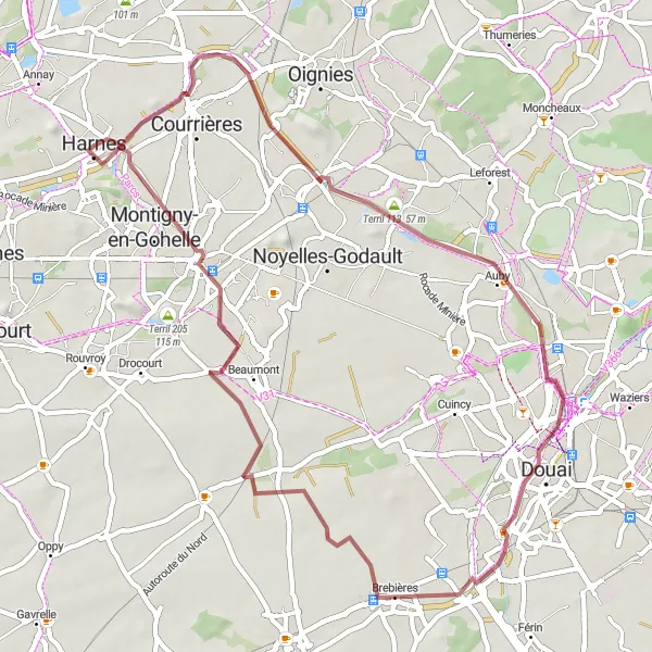 Miniature de la carte de l'inspiration cycliste "Parcours Gravel à la découverte des Terrils" dans la Nord-Pas de Calais, France. Générée par le planificateur d'itinéraire cycliste Tarmacs.app