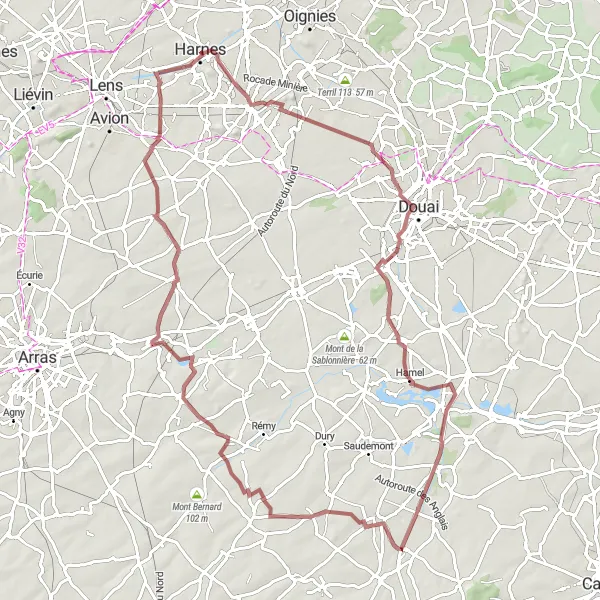 Map miniature of "Gravel adventure through Harnes and surrounding towns" cycling inspiration in Nord-Pas de Calais, France. Generated by Tarmacs.app cycling route planner