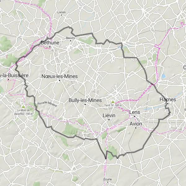 Map miniature of "Challenging Road Loop with Hill Climbs" cycling inspiration in Nord-Pas de Calais, France. Generated by Tarmacs.app cycling route planner