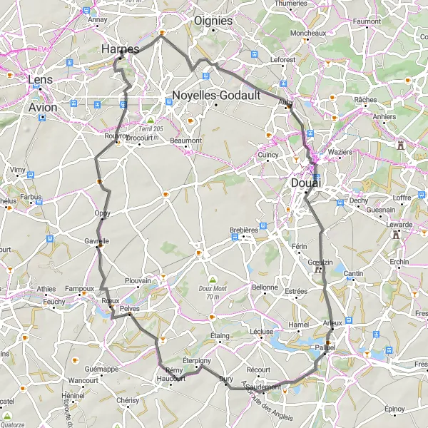 Map miniature of "Scenic road tour through Harnes and its surroundings" cycling inspiration in Nord-Pas de Calais, France. Generated by Tarmacs.app cycling route planner